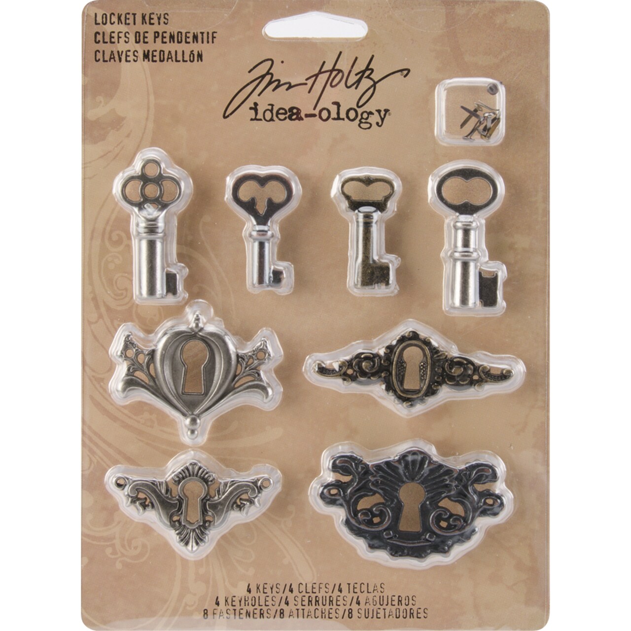 Idea-Ology Metal Locket Keys & Keyholes 8/Pkg-Antique Nickel, Brass & Copper